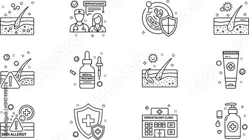 Dermatology and skin care line icon set with skin treatment allergy protection dermatology clinic illustration