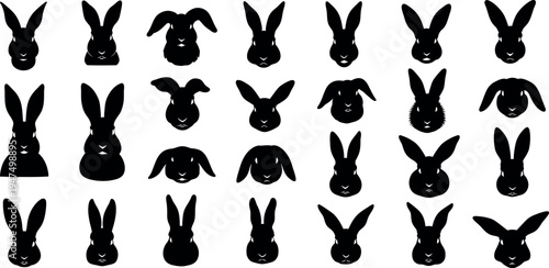 Collection of black rabbit head silhouettes in various orientations
