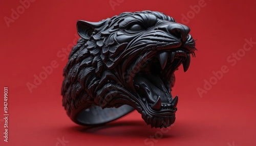 A detailed, dark-toned panther head ring with an aggressive open mouth and sharp fangs rests against a vibrant red background, showcasing its intricate craftsmanship and fierce design.