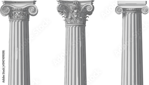 Classical Greek and Roman architectural columns set, Ionic Corinthian and Doric pillars illustration, ancient architecture elements isolated on white background for design