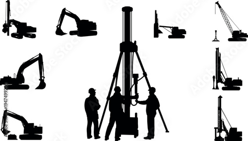 Heavy construction machinery silhouettes with excavator drilling rig crane and engineering workers illustrating industrial earthmoving foundation work infrastructure development teamwork isolated 