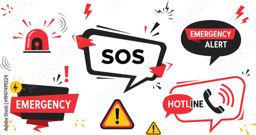 Emergency alert and SOS warning illustration set with hotline siren danger sign safety notification graphic elements