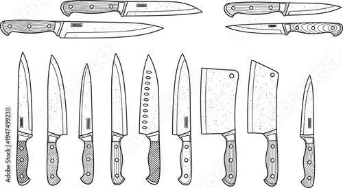 Kitchen knife collection illustration featuring chef knives, cleavers and utility blades in detailed line art style isolated on white background for culinary tools and cooking concept