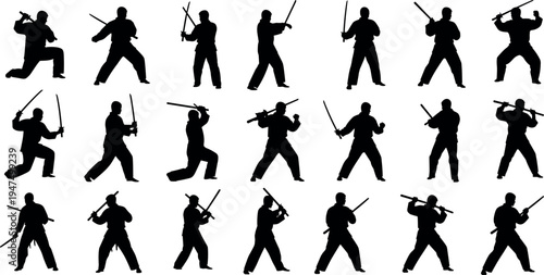 Martial arts fighters silhouette collection performing various combat stances with sticks and swords isolated on white background for self defense training, sport and discipline concepts
