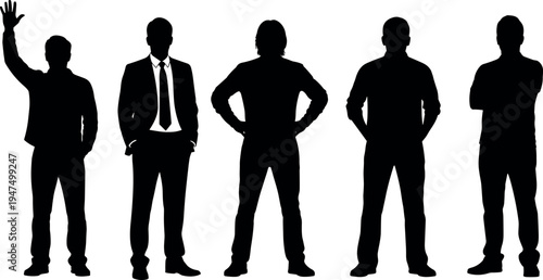 Male people silhouette set showing standing men in casual and formal poses including waving gesture isolated on white background for lifestyle, business and social concept