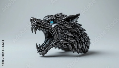 A menacing dark grey wolf head ring, featuring piercing blue eyes and an aggressively snarling open mouth, is sharply presented against a minimalist light grey background.