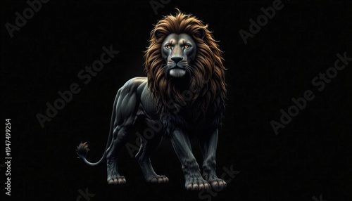 A majestic and imposing black lion with a striking dark fur and an impressive brown mane stands regally against a deep, dramatic black background, exuding power and an air of mysterious elegance.