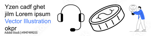 Communication, finance, innovation, assistance, creativity, problem-solving. Headset, coin and person with lightbulb . Communication and finance collaboration and resource management