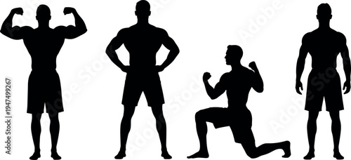 Muscular male bodybuilder silhouette set showing flexing, standing and lunging poses isolated on white background for fitness training, strength workout, bodybuilding and athletic performance concept