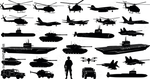 Military vehicle and aircraft silhouette collection including tanks, helicopters, fighter jets, submarines and warships isolated on white background for defense, army and security concepts