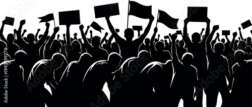 Protest crowd silhouette with raised fists, flags and blank placards isolated on white background representing social movement, political demonstration, activism, public rally and civil rights 