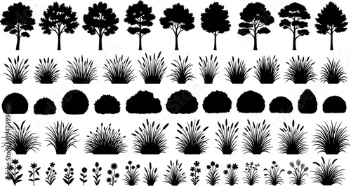 Tree, bush and grass silhouette collection featuring various nature plant shapes isolated on white background for landscape design, garden planning, botanical illustration and environmental concepts
