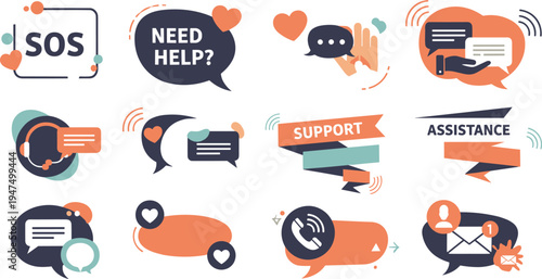 Help and customer support speech bubble icon set with SOS need help assistance chat communication illustration