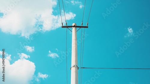 Concrete electrical pylon with multiple cables under turquoise sky