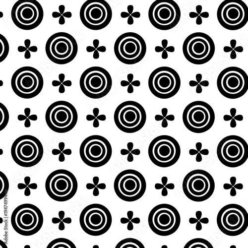 seamless geometric pattern with black circles and floral elements on white background