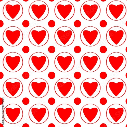 seamless romantic pattern with red hearts in circles and polka dots on white background