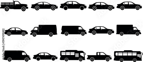 Vehicle silhouette collection featuring cars, vans, pickup trucks and buses in side view isolated on white background for transport design, traffic planning and mobility concept