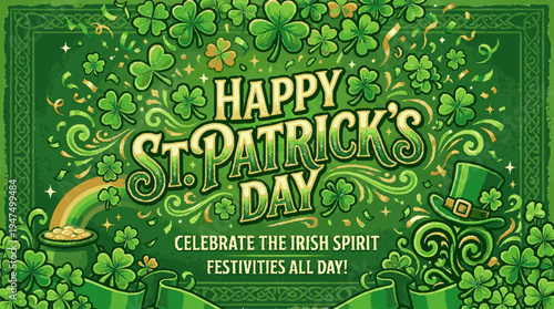 Festive st patrick's day banner with shamrocks gold coins and green decorative elements celebrating irish spirit
