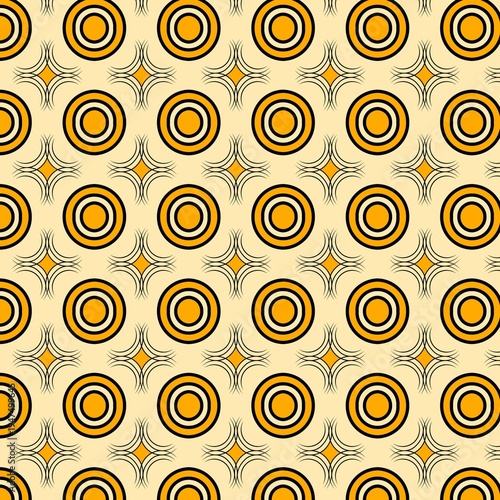 seamless retro geometric pattern with yellow circles and star shapes on beige background