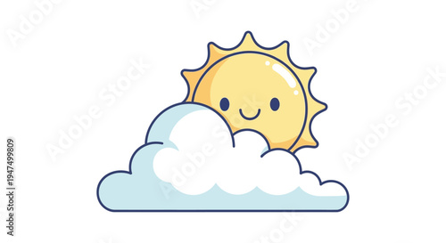 Cheerful sun peeking out from behind a fluffy white cloud vector illustration