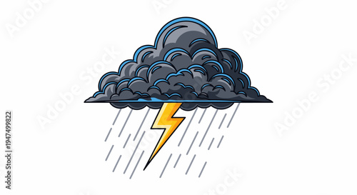 Dramatic storm cloud with lightning bolt and rain vector illustration, flat design