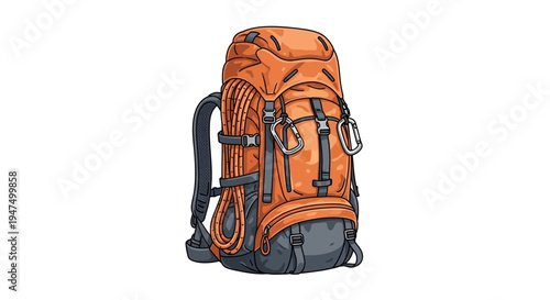 Orange hiking backpack vector illustration with climbing rope flat design