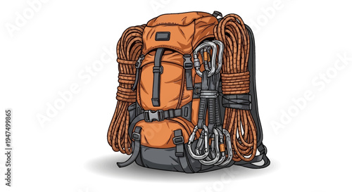 Orange hiking backpack with climbing gear and ropes vector illustration