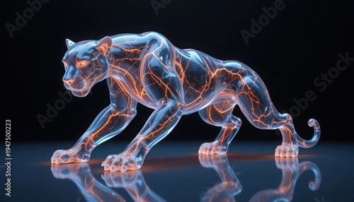 A sleek, transparent panther figure, illuminated with intricate internal glowing orange and blue electrical patterns, prowls gracefully against a dark, mystical background.