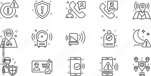 Emergency safety and GPS alert line icon set with location tracking alarm device safety check emergency call illustration