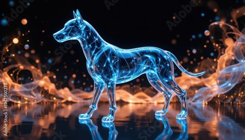 A glowing holographic blue canine figure, composed of intricate light lines and dots, stands elegantly reflected on a dark, wet surface amidst swirling orange and blue smoke with bokeh lights.