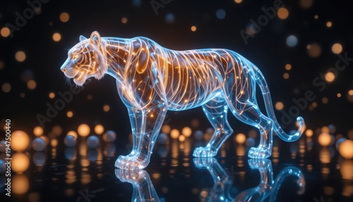 Futuristic Glowing Glass Tiger with Fiber Optic Neon Stripes, 3D Digital Art Illustration