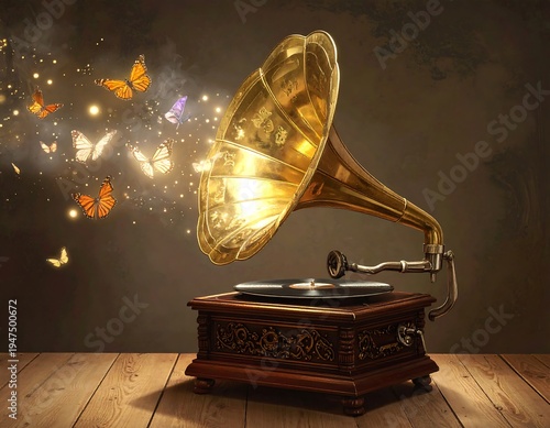 A vintage gramophone on a wooden table with butterflies