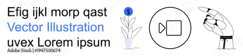 Finance, technology, communication, video sharing, human interaction, online business. A dollar plant, video symbol and robotic hand pointing. Finance and technology concepts presented graphically