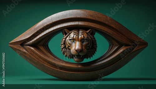 A powerful tiger's face, meticulously carved from rich dark wood, is strikingly embedded within a larger, intricately sculpted wooden eye frame, presented against a deep teal green background.