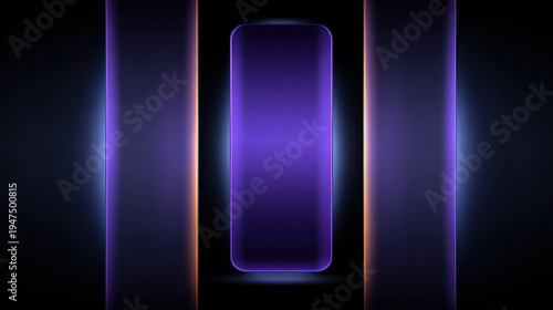 Purple glowing smartphone silhouette centered between three vertical light panels on dark background with subtle reflections and neon gradient atmosphere