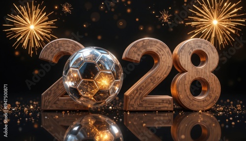 The year 2028 is beautifully displayed with textured wooden numbers and a gleaming soccer ball replacing the zero, illuminated by golden fireworks and reflections on a dark, mysterious background.