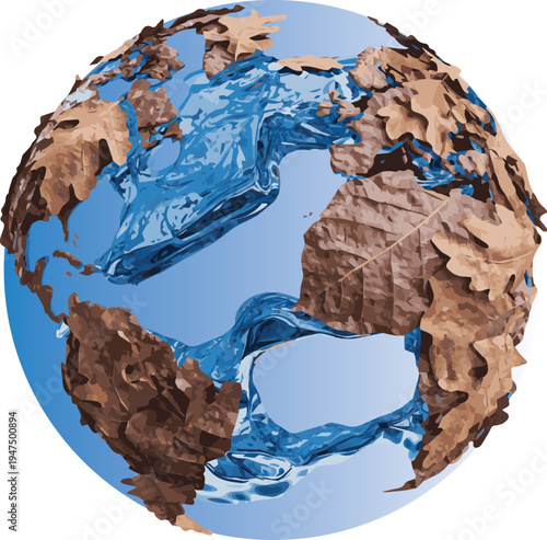 Global Ecology Concept with Earth Globe Formed by Autumn Leaves and Water Texture