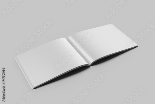 single blank layout landscape book open page glossy paper mockup isolated perspective view 3d render