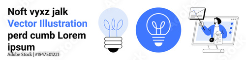 Creativity, data analytics, problem solving, innovation, business, technology. Light bulb icon, person analyzing data on a screen. Creativity and data analytics concepts visually