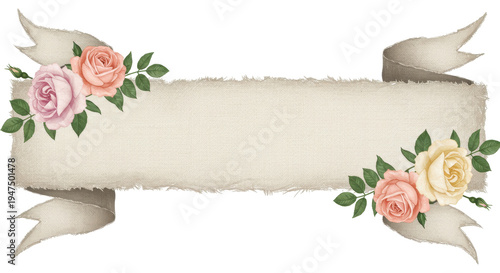 Floral Banner of Elegance: A beautifully crafted banner adorned with delicate roses and elegant ribbons, perfect for conveying messages with a touch of sophistication.