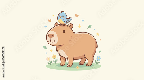 Adorable Capybara with a Little Blue Bird on its Head in a Whimsical Nature Setting. A Charming Illustration Depicting Animal Friendship and Serenity