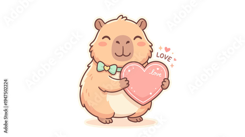 Charming Cartoon Capybara Holding a Pink Heart with the Word LOVE, Adorable Animal Illustration for Valentine's Day and Sweet Greetings