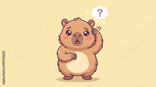 Adorable cartoon capybara looking confused and scratching its head with a question mark above, pondering a problem or feeling uncertain, cute vector illustration