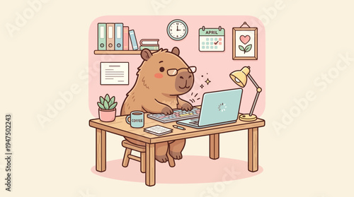 Adorable cartoon capybara in glasses diligently working on a laptop at a cozy home office desk, surrounded by files and everyday items, embodying focused productivity and charming digital tasks