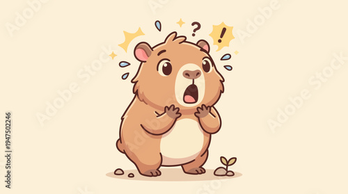 Adorable cartoon animal character expressing profound surprise and confusion, depicted with wide eyes, an open mouth, and surrounded by dynamic question and exclamation marks
