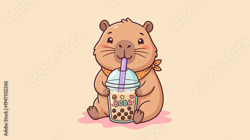 Adorable cartoon capybara enjoying a refreshing bubble tea drink, a sweet and charming vector illustration perfect for animal and beverage themes