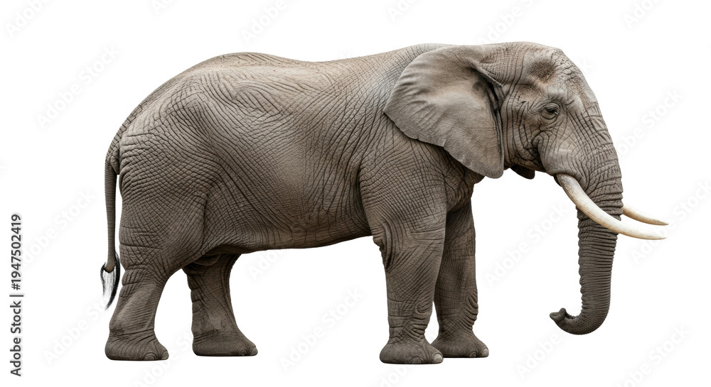 Obraz premium massive african bush elephant in a full side profile, prominent long tusks, detailed wrinkled grey skin texture, isolated on a transparent studio background with copy space, concept of nature