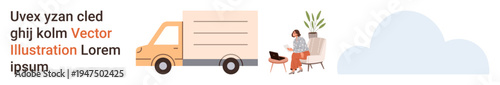 Logistics, delivery services, home workspace, remote work, moving, online shopping. A delivery truck and a person working on a laptop at home with a cloud illustration. Logistics and delivery