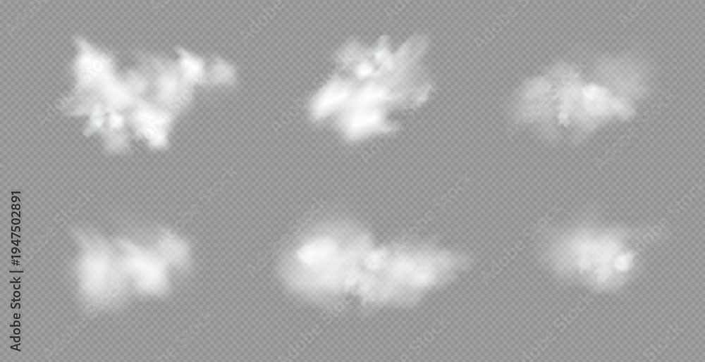 Fototapeta premium Realistic white fluffy clouds with fog or light smoke effect on a transparent background. Misty atmosphere element for overlaying on images, dramatic scenes or weather visual effects.