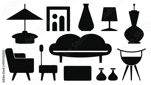 Ten black silhouette icons of home decor items and outdoor furniture are displayed in a clean grid arrangement on a solid white background.